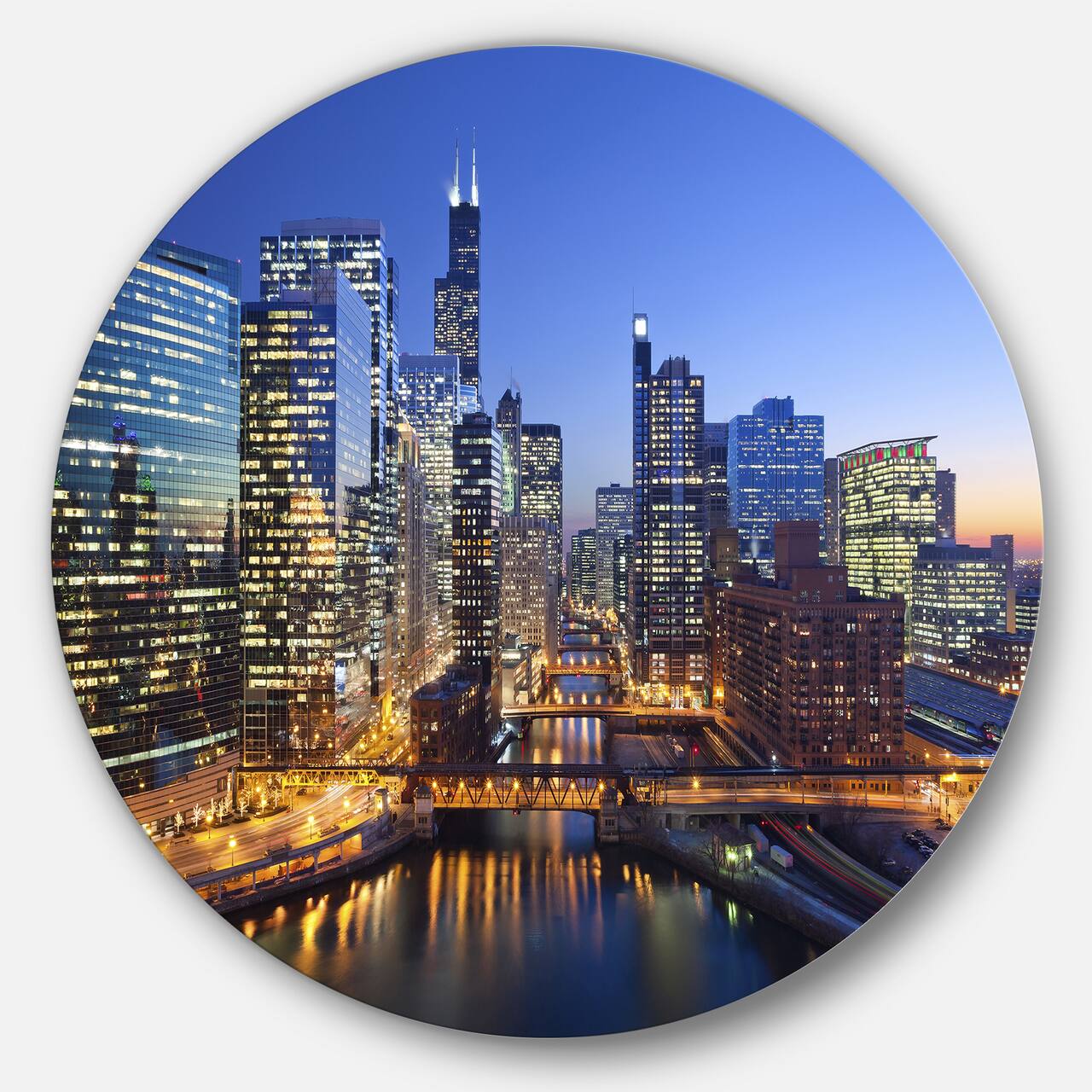 Designart - Chicago River with Bridges at Sunset' Ultra Glossy Cityscape Circle Wall Art